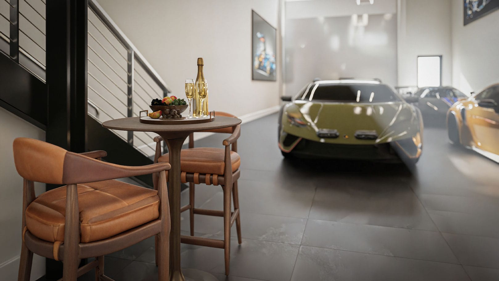 Elegant lounge with tan sectional sofa and art-deco details overlooking the car gallery at Naples Auto Vault.