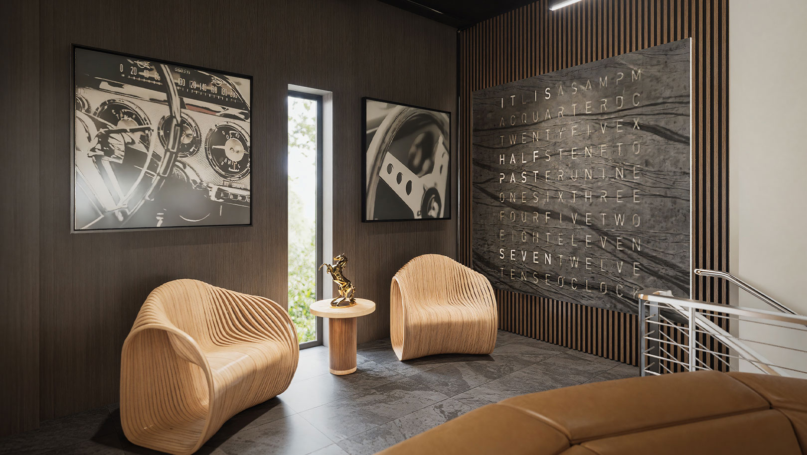 Luxury garage featuring high-end cars and a seating area with champagne and fruit on a table.