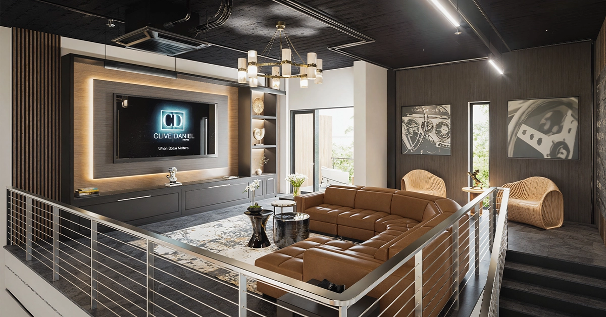 Clive Daniel-designed lounge and entertainment space at Auto Vault Naples
