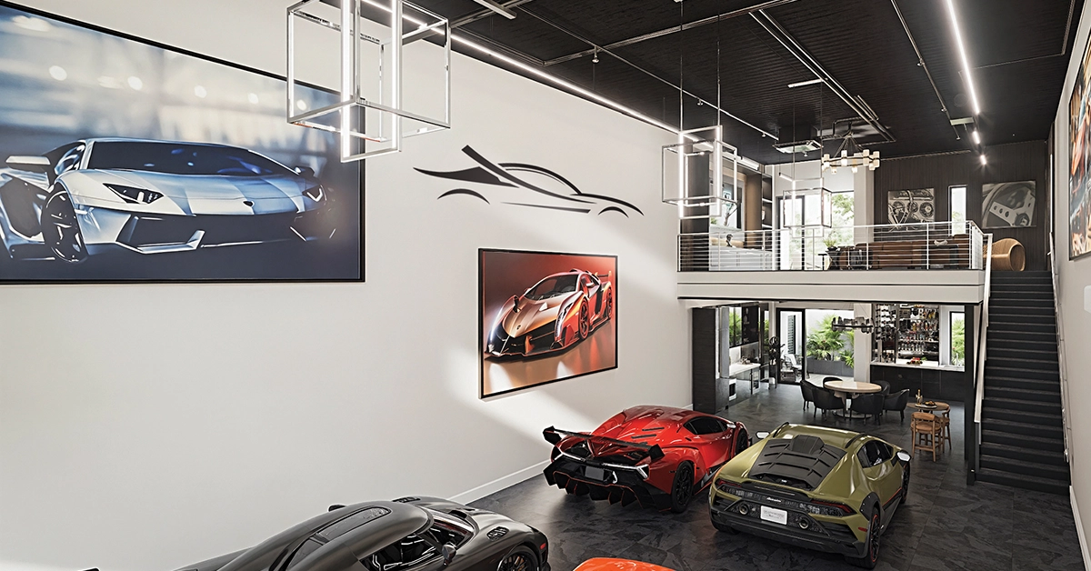Custom luxury auto storage unit at Naples Auto Vault with exotic cars and modern interior design.