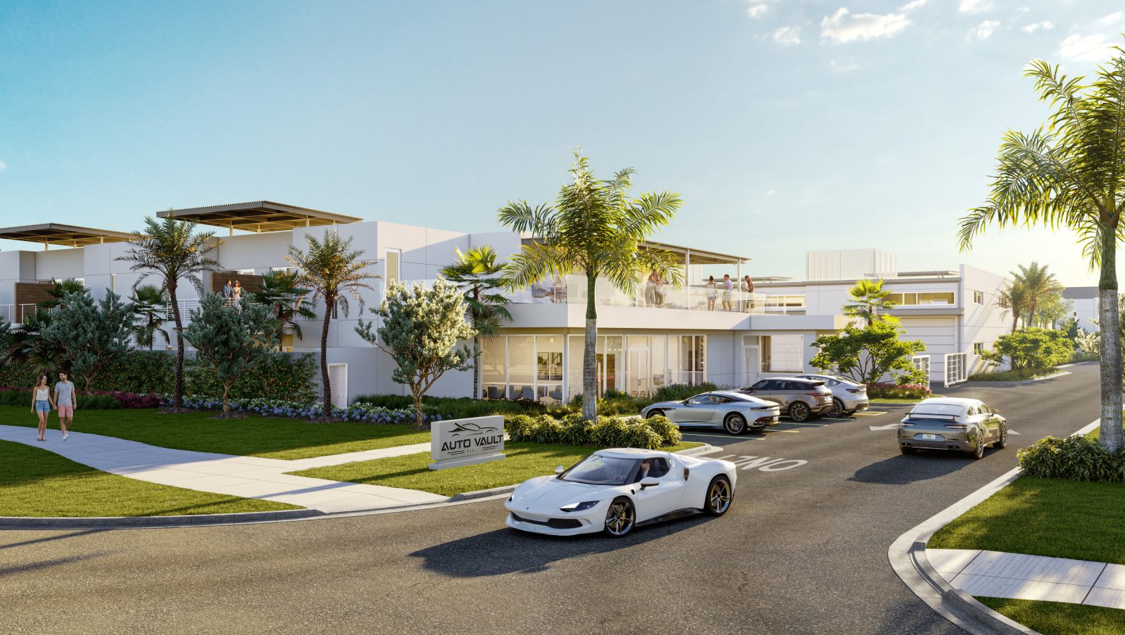 Modern luxury garage community entrance with sports cars and palm trees