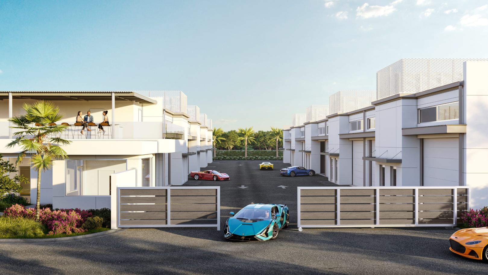 Gated luxury garage aisle with exotic sports cars and modern white buildings