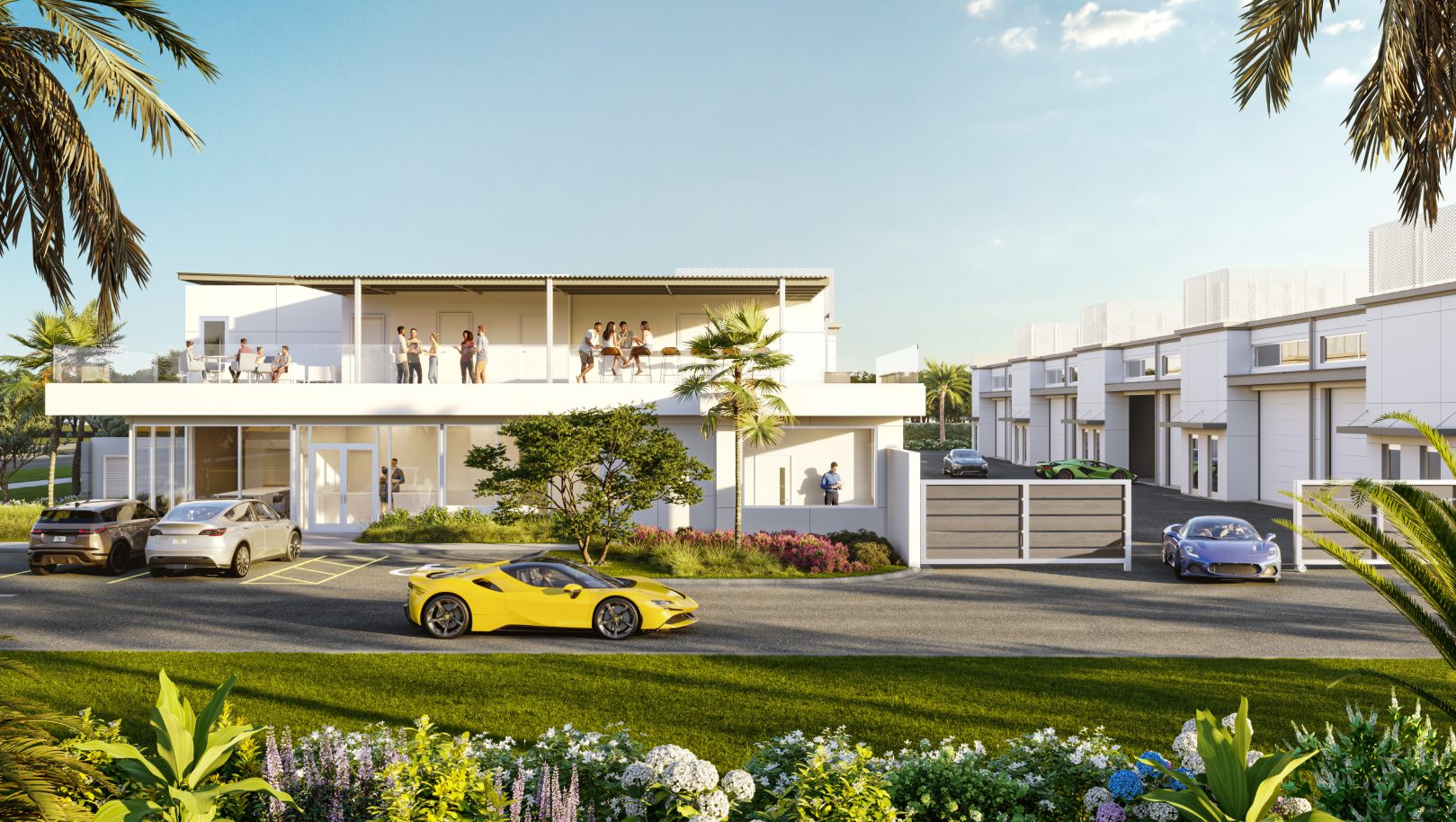 Front exterior of luxury garage community with rooftop terrace and sports cars