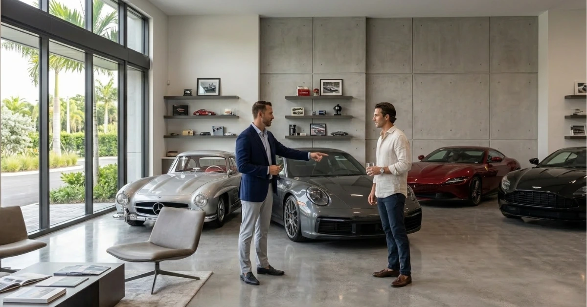 Two men discussing luxury cars inside a showroom