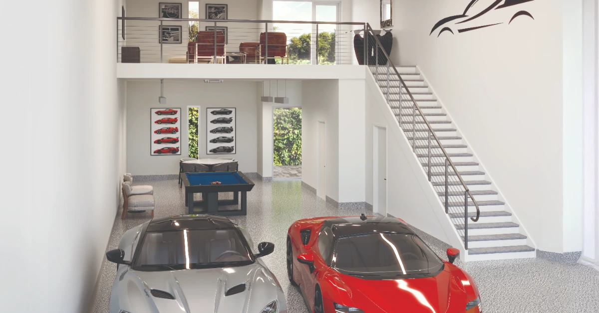 Private garage with sports cars, loft area, and recreation space