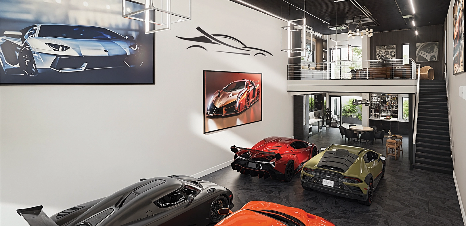 Luxury garage interior with exotic sports cars parked under a mezzanine lounge and modern lighting