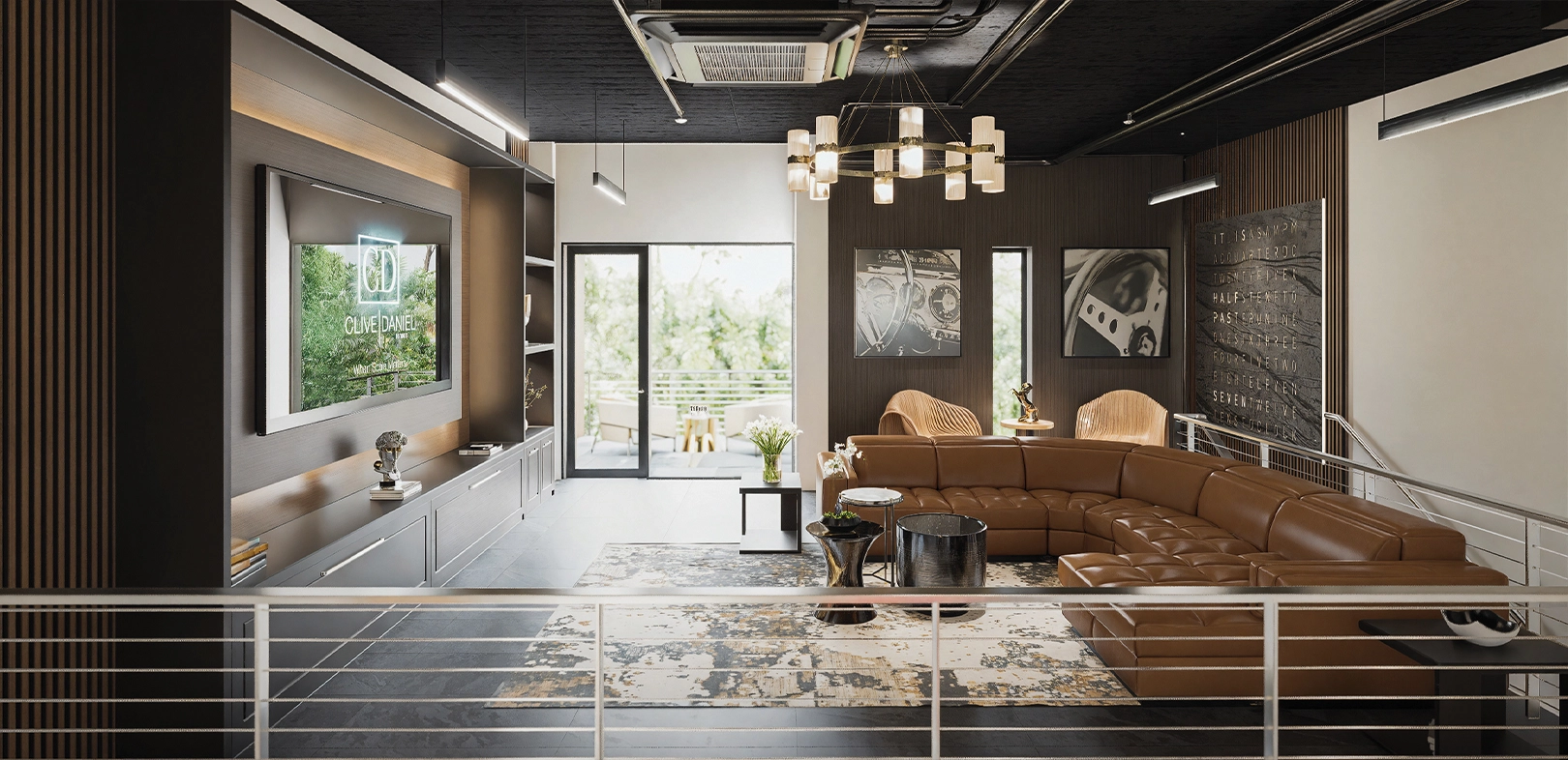Modern mezzanine lounge with leather sectional sofa and balcony overlooking luxury garage