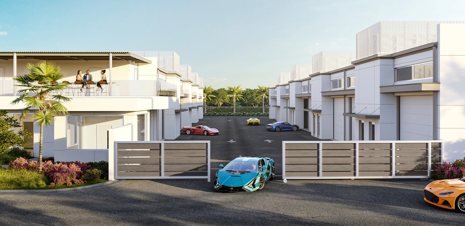 Open gate leading into luxury garage complex with exotic cars and palm trees