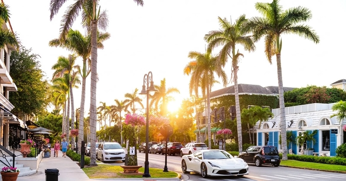 Palm-lined downtown street with luxury cars, pedestrians, and warm sunset light in Naples Florida.