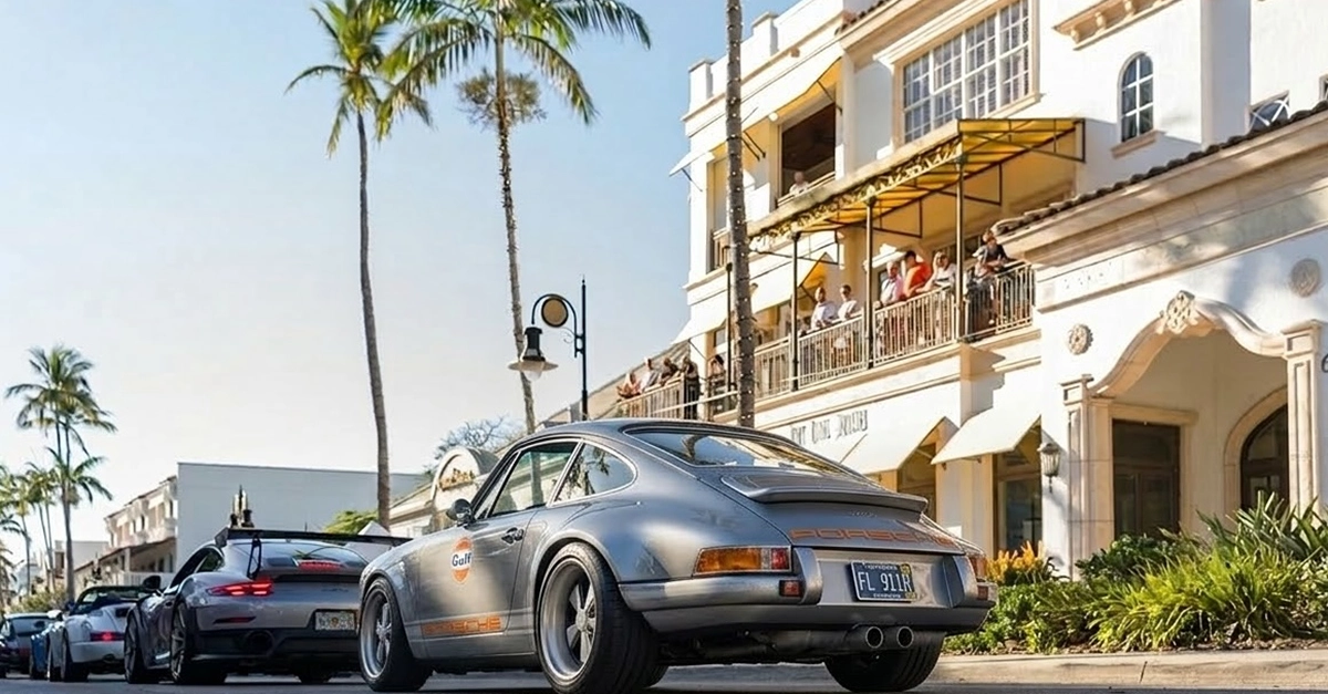 Luxury sports cars parked outside a modern garage condo building with palm trees and landscaping.