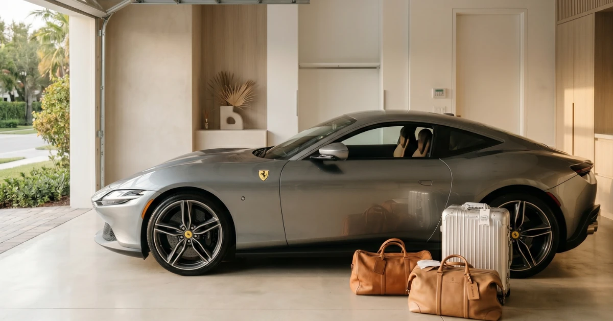 Silver luxury sports car parked inside a modern garage with luggage and travel bags nearby.
